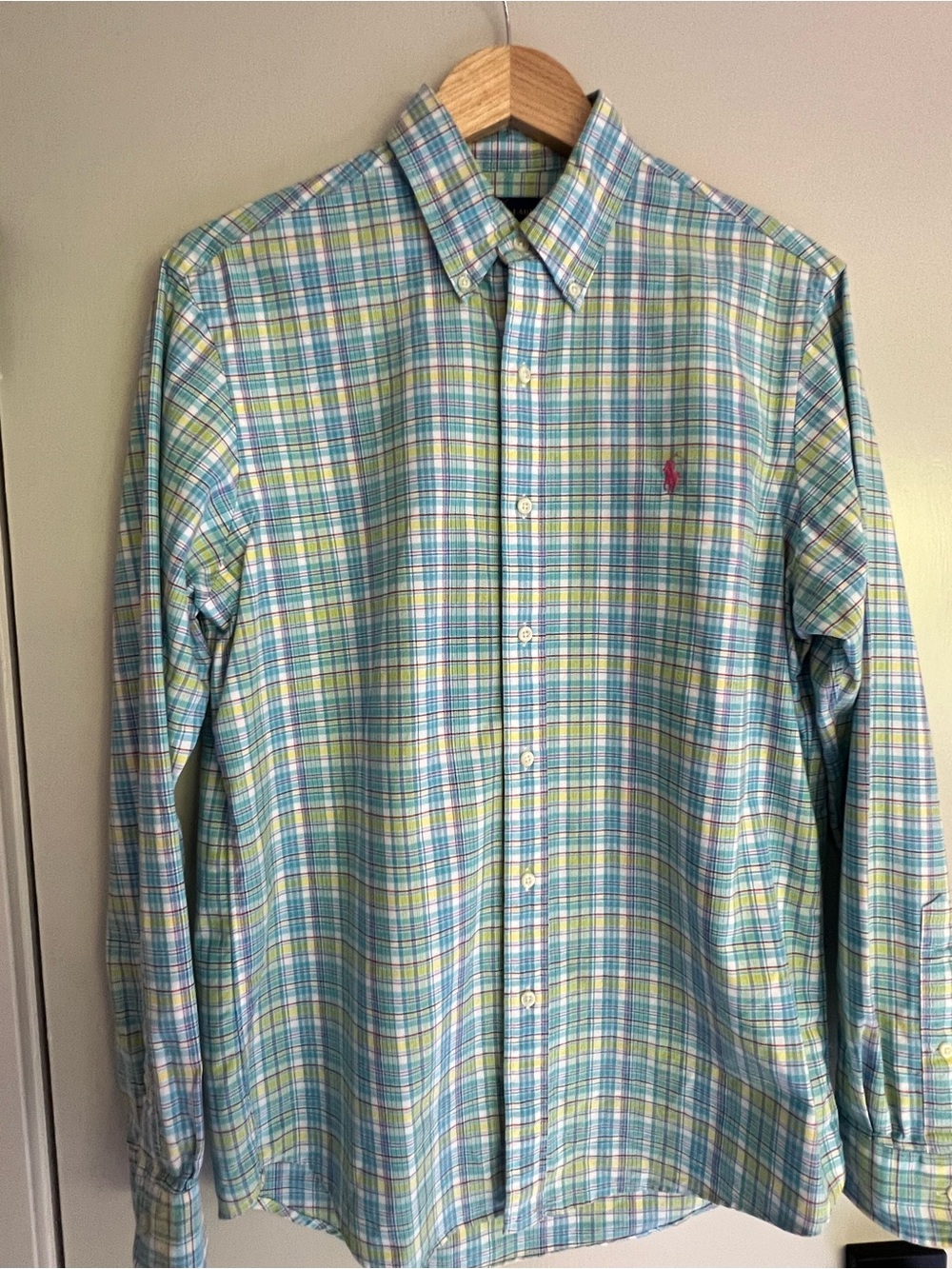 Polo Ralph Lauren Blue and Green Plaid Button-Down Shirt. Size Medium.